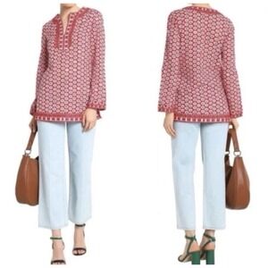 Tory Burch Jayne Mod Flower Embroidered Tunic Top Size 2 Cotton Red Floral Boho